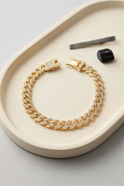 Inure Jewelry سوار رجالي من حجر الزركون ذهبي اللون بسلسلة كوبية مع مشبك إغلاق