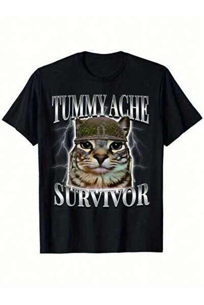 23ERVA Funny Cat Meme "Tummy Ache Survivor" Sarcastic Humor T-Shirt Men & Wom...
