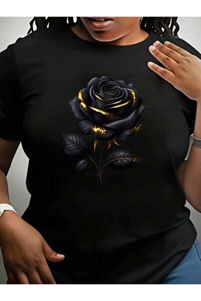 23ERVA Black Rose, Women's Golden Accents Design, Pure Cotton T-Shirt, Casual...