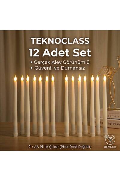 TeknoClass 12’ li Gerçek Mum Görünümlü Pilli Mum Kokusuz Mum Alev Efekli Mum,...