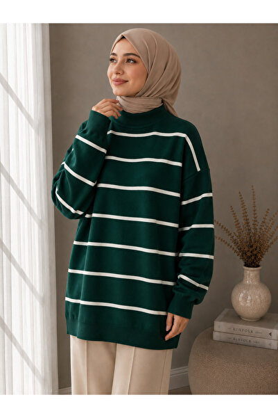 DepoExport Women's Half-Throat Striped Knitwear Sweater Oversize Loose Design