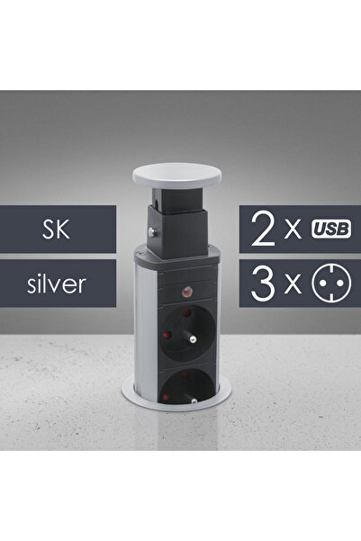 Alista Home Priză de birou încorporată, 3 prize, 2 USB, 3500W, argintiu, retr...