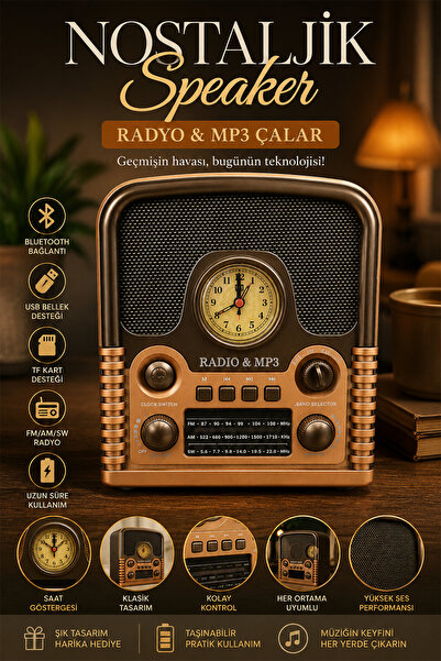 TECHNOMEN Nostaljik Retro Radyo Bluetooth Hoparlör Saatli MP3 Çalar USB TF Ka...