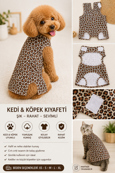 Daisy Kedi Köpek Kıyafeti Leopar Desenli Cırt Cırtlı Evcil Hayvan Elbisesi Ra...
