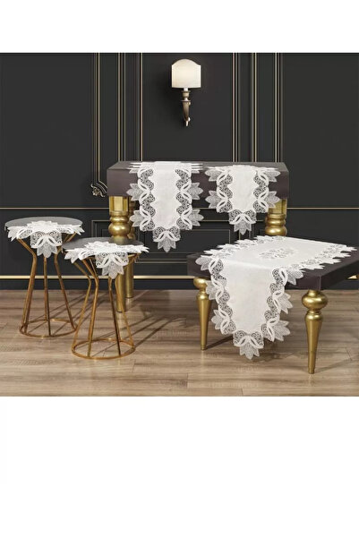 Ceki Home Living Room Set 5 Pieces Kayla Linen French Lace Borderless Runner-...