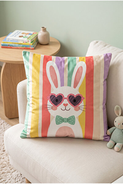 Artvibe Cute Rabbit Patterned Pink Gift Digital Printed Throw Pillow Cover