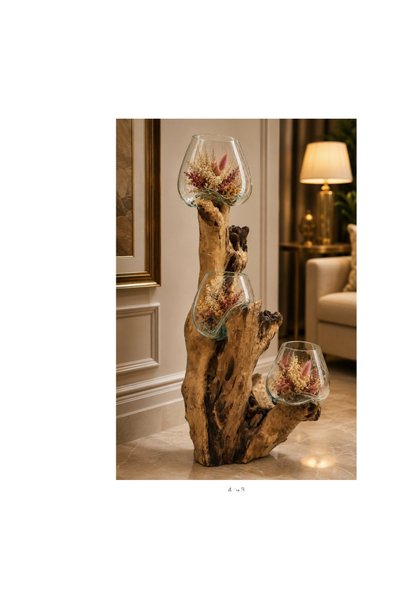 GENERAL'S مزهرية ديكور خشب مع 3 كاسات زجاجية – تحفة فنية فاخرة