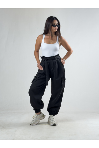 COCOPELLI Μαύρο Γυναικείο Παντελόνι Jogger με Φαρδιά Γραμμή και Τσέπες Cargo ...
