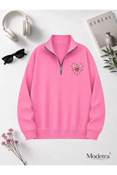 Modetra Women's Network Heart Printed Half Zipper Stand Collar Single Basic E...