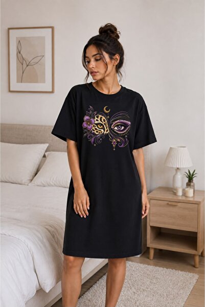 classy moda تي شيرت تونيك طويل جدًا بنقشة عين الفهد وزهور أرجوانية