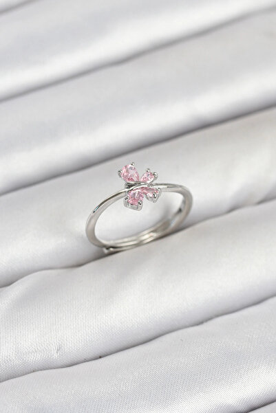 SORA GROUP Brass Silver Color Pink Butterfly Women Ring