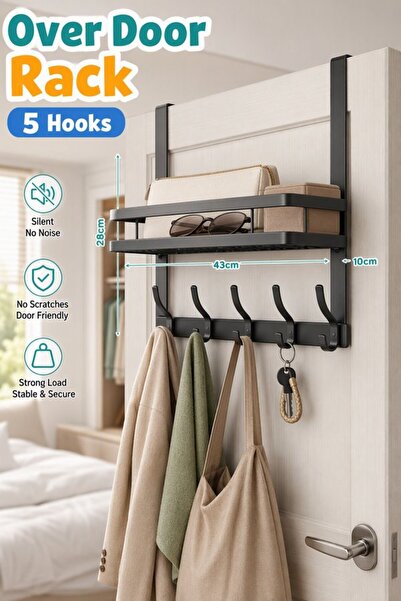 Generic 5 Carbon Steel Over Door Hook Rack Storage Basket No Drill Heavy Duty...