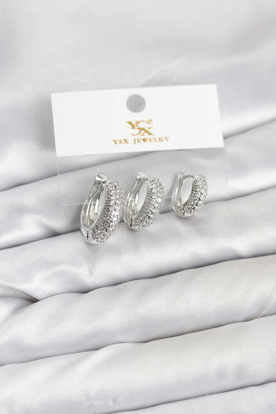SORA GROUP Brass Silver Color Zircon Stone Hoop Model Ysx Trio Earring Set