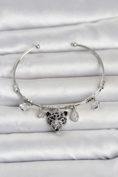 SORA GROUP Brass Silver Color Leopard Detailed Charm Women's Bracelet