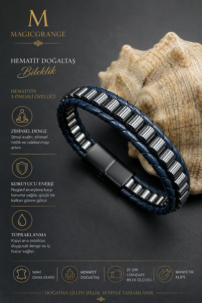 magıcgrange Natural Hematite Stone & Real Calfskin Handmade Bracelet – with Magnetic Clasp • “Ilke” Series • Black/Burgundy/Coffee/Green/Bronze/Blue