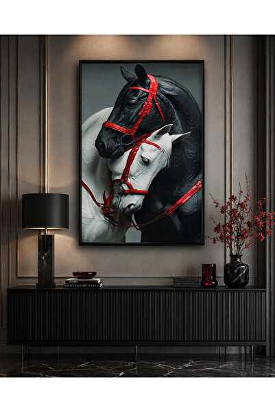 Ghaith Store Luxury Double Horse Painting with Red Halter Modern Wall Art for...