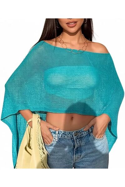 GENERAL Women Sheer Poncho Top Lightweight Knit Crochet Shrug Bolero Mesh Bat...