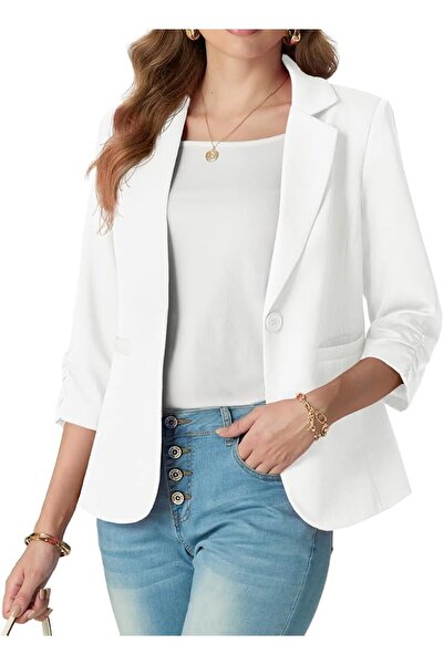 Grecerelle Womens Blazer Suit 3/4 Ruched Sleeves Ladies Formal Jackets Casual...