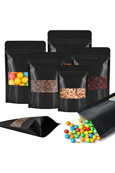 GENERAL 100 Pack Black Kraft Paper Bags with Window, Resealable Stand Up Pouc...