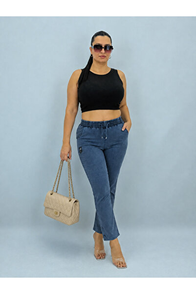 MOTIVATION Plus Size Akar Fabric Mom Elastic High Waist Lace-Up Cuff Button D...