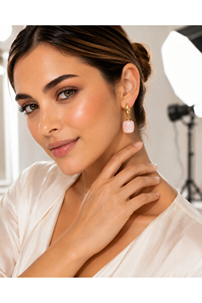 POYASE Pink Stone Gold Hoop Earrings with Dangling Square Stone Stylish Women...