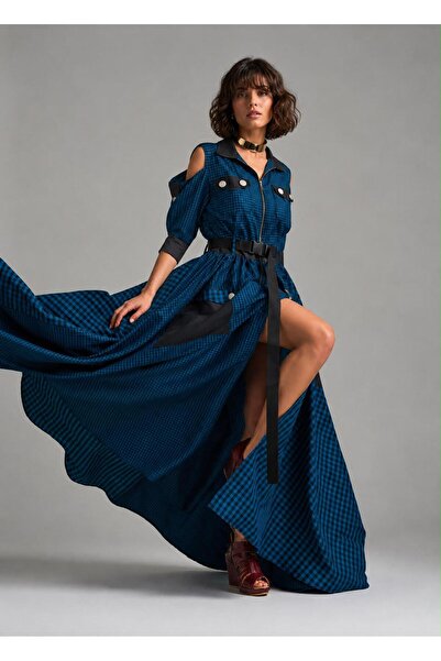 ROLLINDA STUDIO Önden Fermuarlı & Desenli Tafta Maxi Boy Şık Utility Gömlek E...