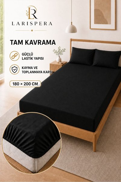 Larispera Black Double Elastic Sheet Set 180 X 200 cm – with 2 50X70 cm Pillowcases