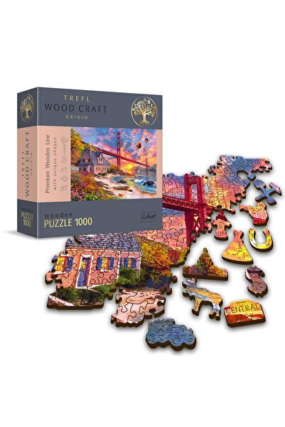 Trefl - Ahşap Puzzle, Golden Gate Üzerinde Gün Batımı - 1000 Parça, Ahşap El ...