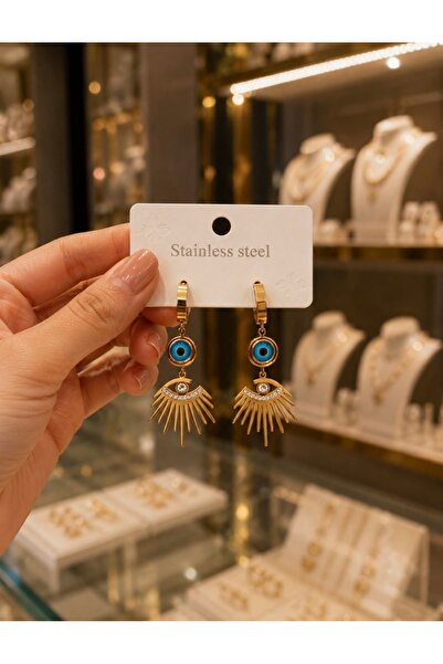 ELANORAFORYOU Nazar Boncuklu Gold Steel Earrings – Women's Dangle Earrings wi...