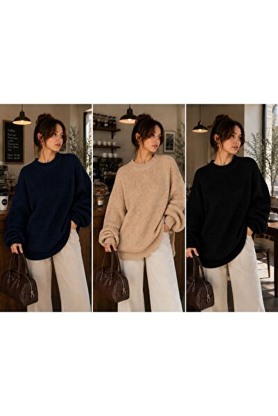depoxport Women's 3-Piece Premium Crew Neck Oversize Knitwear Sweater Soft Kn...