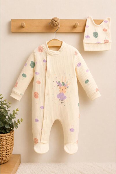 minova baby %100 Pamuklu Bebek Tulum Seti Uzun Kollu Patikli Tulum Ve Bere Se...