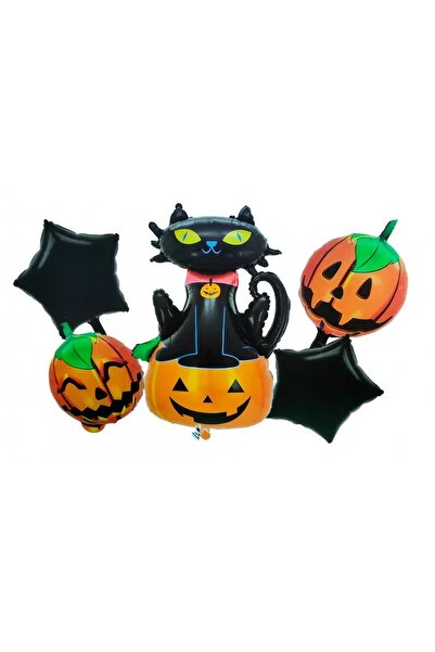 genaja Set Baloane Folie Halloween 5 Buc – Figurine Pisică și Dovleci, Multic...