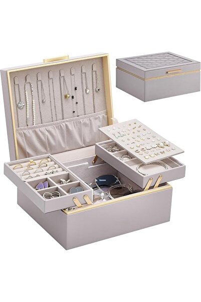 Lolalet 2-Layer Jewelry Box Organizer for Women, Large PU Leather Jewelry Cas...