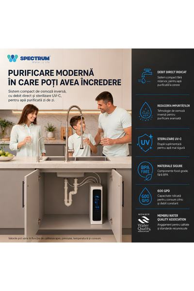 SPECTRUM WATER Sistem filtrare apă prin osmoză inversă PENTARO, 5 stadii, 600 GPD, debit 1,5 l/min, pompă, lampă UV-C, afișaj tactil, monitorizare TDS și baterie inclusă