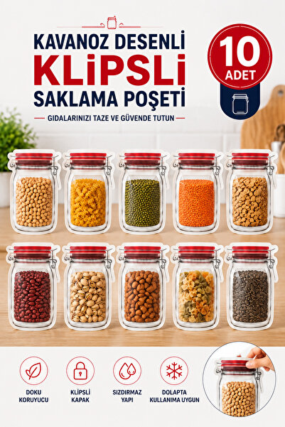 KEA Kavanoz Desenli Klipsli Saklama Poşeti 10'lu – Yeniden Kullanılabilir Kil...