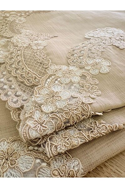 Ceki Home Turquoise Model Kapiçino 5 Piece Linen Lace Runner Set Stylish Dowr...