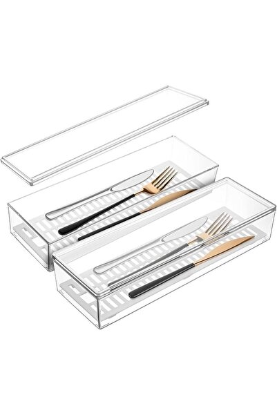 SYOSI 2 Pack Clear Silverware Organizer with Lids, Plastic Flatware Storage B...
