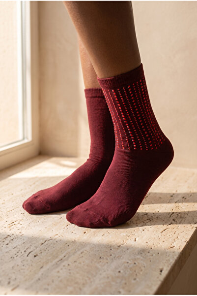Katia&Bony Women's Cotton Socks with Stone Accessories, Burgundy
