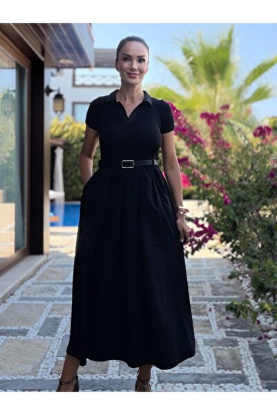 Atelier Derin Black Shirt Collar Belted Dress