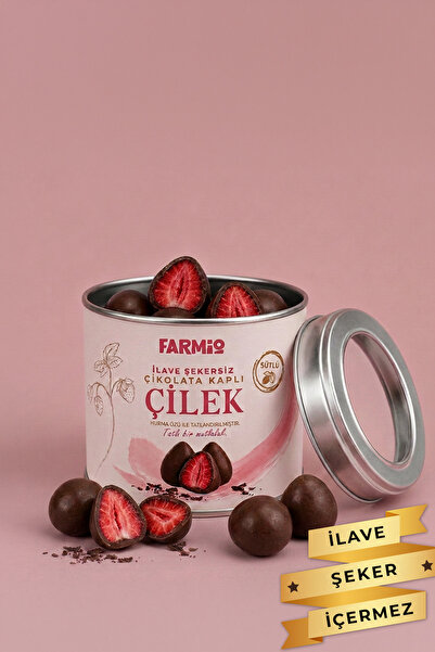 FARMİO İlave Şekersiz Çikolata Kaplı Çilek - 70gr Teneke Kutu