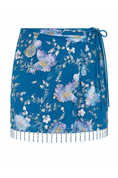 Laluvia Blue Floral Sequin Embroidered Drawstring Side Tie Skirt - E4231