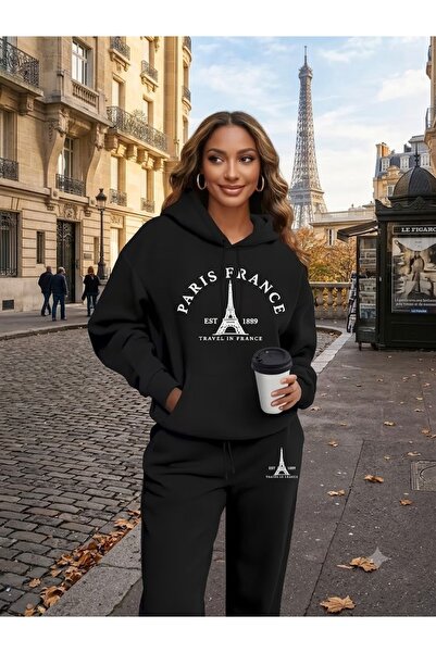 WOODROFFE Unisex Paris France Printed Oversize Hooded Tracksuit Set Loose Fit
