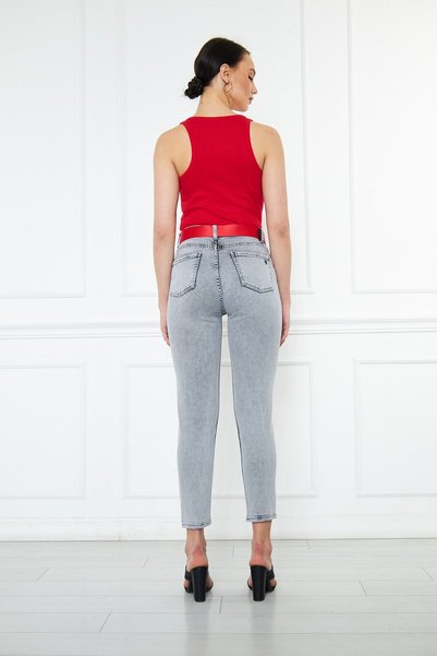 cracpot Kadın Gri Yüksek Bel Likralı Mom Jeans