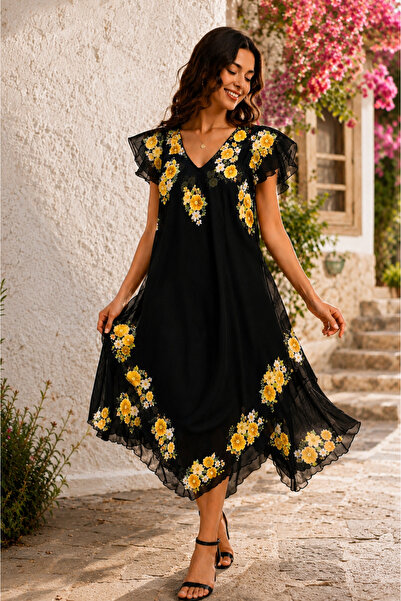 Han Tekstil Collection tülbent elbise %100 pamuk siyah sarı çiçekli
