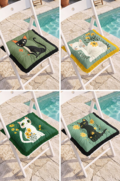 Realhomes Green Floor Modern 4-Piece Fringed Puffy Chair Cushion Set with Flo...