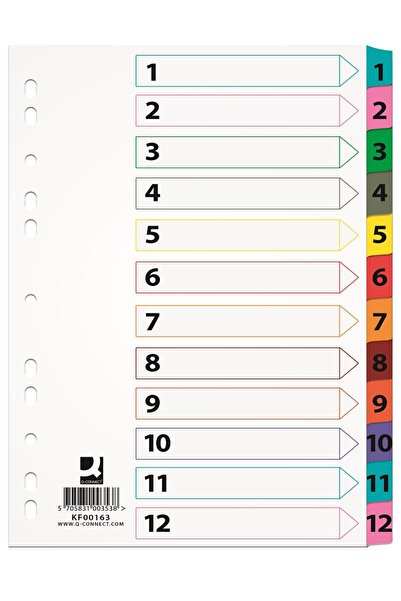 Q-Connect Index Carton Alb Mylar Numeric 1-12, Margine Pp Color, A4, 170G/Mp,