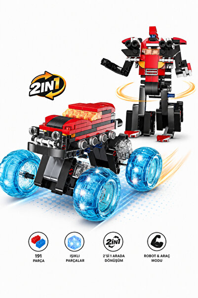 craftivio 2'si 1 Arada Dönüşen Robot ve Işıklı 4x4 Oyuncak Araba Yapı Bloklar...