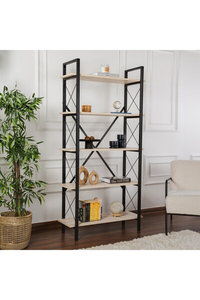 Rani Mobilya Rani Home Kitaplık Traverten Raflı Siyah Metal Ayaklı 5 Raflı HC...