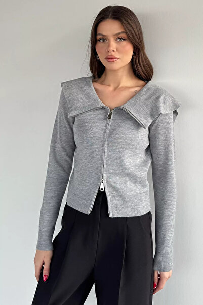 Aryena Gray Women's Baby Collar Zippered Knitwear Blouse