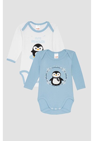 Minerva 2 μακρυμάνικα κορμάκια βρεφικό αγόρι "Penguin" γαλάζιο